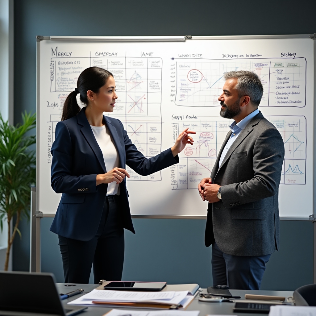Zwei Kursentwickler diskutieren am Whiteboard über den Aufbau des Wochenprogramms