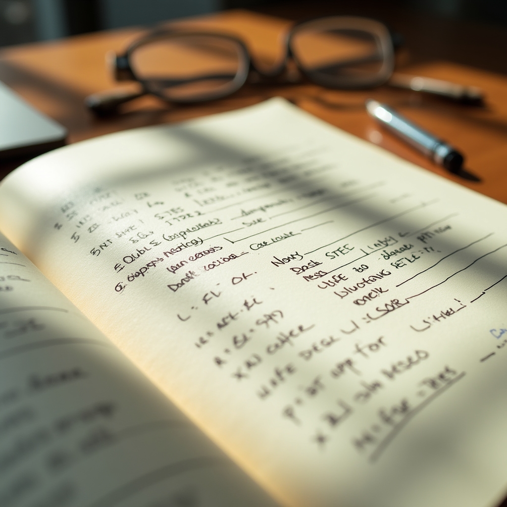 Notizbuch mit handschriftlichem Wochenrückblick und Budgetnotizen